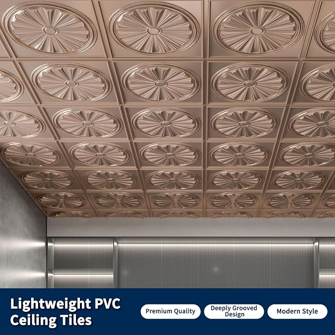 Art3dwallpanels Ceiling Tiles, 24 x 24 Inch, Rose Gold, 12 Pack | Drop Ceiling Tiles, High Grade PVC, 3D Wall Panels for Interior Wall Decor, Fire Rated, Waterproof, Light Weight - Image 4