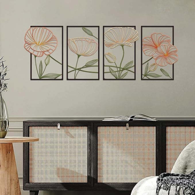 ESTART 4Pcs Metal Lotus Wall Decor Abstract Floral Line Art Sculpture | Minimalist Wall Decor for Bedroom Flowers Hanging Wall Sculpture for Living Room Kitchen Office and Yoga Room(Colourful) - Image 7