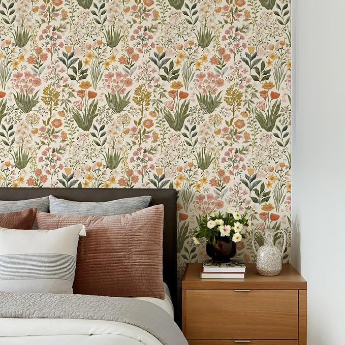 Orainege Floral Peel and Stick Wallpaper Floral Contact Paper Self Adhesive | 16.9in x196.8in Vintage Flower Wallpaper Peel and Stick Flower Contact Paper Botanical Decor for Bedroom Vinyl - Image 2