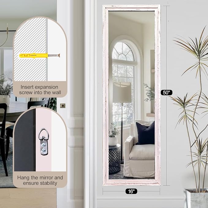 50"x16" Door Mirror, Rustic Full Length Mirror, Over The Door Hanging Mirrors Full Length, Wooden Hanging Mirrors for Bedroom, Bathroom, White - Image 7