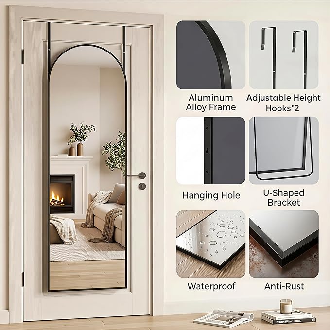 58"x20" Over The Door Mirror, Arched Full Length Mirror, Black - Image 6