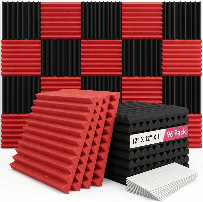 96 Pack Allxinlog Absorb the Echo Acoustic Foam Panel Wedge Studio Soundproofing Wall Tiles 12" X 12" X 1" (Accompanied By Double-Sided Adhesive Tape)(48RED+48BLACK) by XIN%26LOG