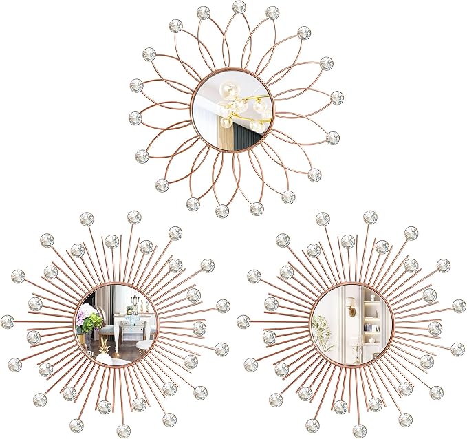 3 Pack Metal Mirrors for Wall Sunburst Wall Mirrors Home Décor Decorative Hanging Wall Art for Living Room Bedroom Entryway (Rose Gold2 Crystal, Flower+Sunburst) by Uaussi