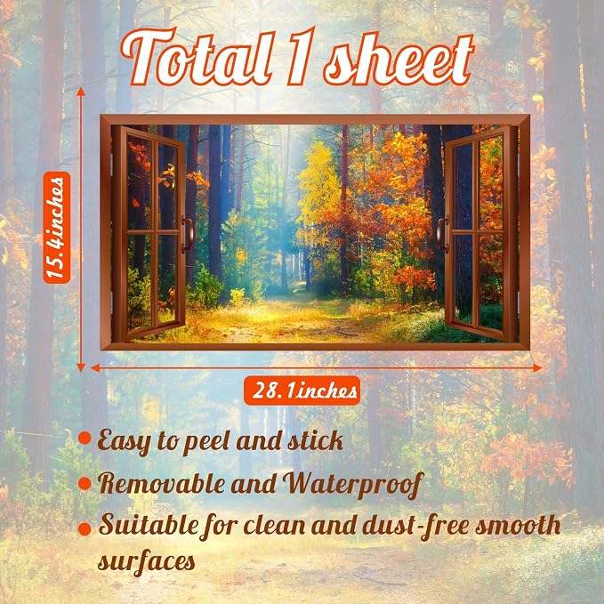 Fall Wall Stickers 3D Fake Windows Forest Trees Wall Decals Peel and Stick | Removable Fall Trees Landscape Faux Window Stickers, Thanksgiving Day Art Murals, for Bedroom Living Room Office Decoration - Image 8