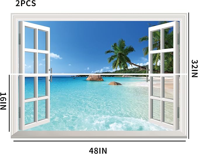 FLFK Fake Window Wall Sticker - Summer Beach Faux Window Wall Mural for Wall Decor, Stick and Peel Wall Decals,48"x32",Set of 2 Sheets - Image 4