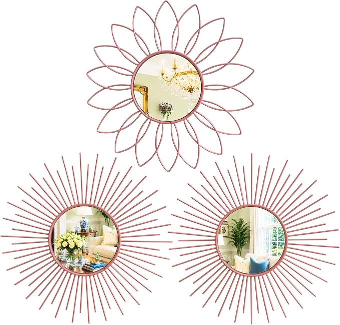3 Pack Metal Mirrors for Wall Sunburst Wall Mirrors Home Décor Decorative Hanging Wall Art for Living Room Bedroom Entryway (Pink, Flower+Sunburst) by Uaussi