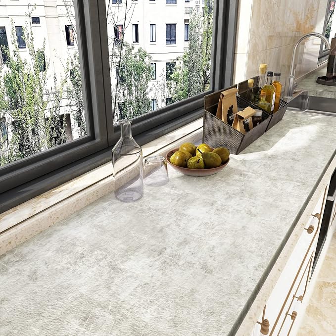 VEELIKE 15.7''x354'' Concrete Contact Paper for Countertops Waterproof Light Concrete Wallpaper Textured Peel and Stick Limewash Wallpaper Self Adhesive Cement Murals Removable for Cabinets Furniture - Image 3