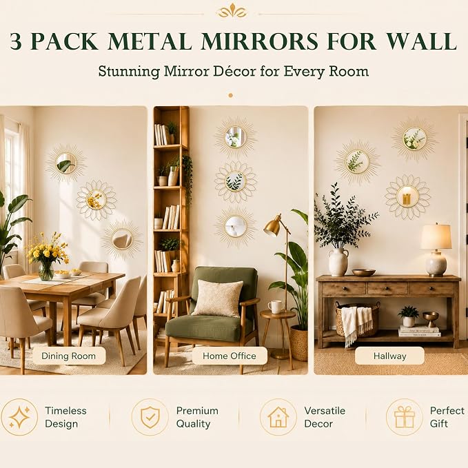 3 Pack Metal Mirrors for Wall Sunburst Wall Mirrors Home Décor Decorative Hanging Wall Art for Living Room Bedroom Entryway (Gold, Flower+Sunburst) - Image 7
