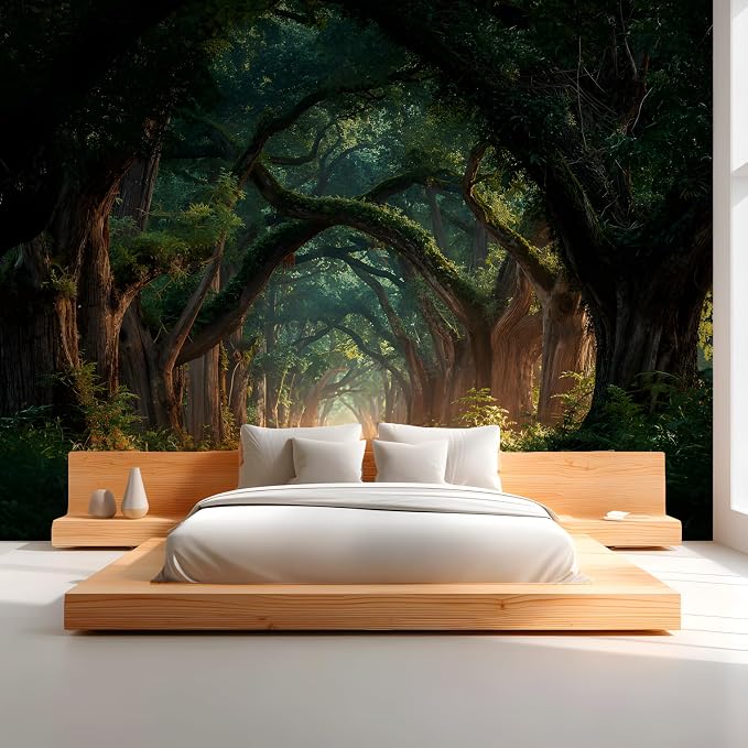 ASJ Forest Peel and Stick Wallpaper Mural, Enchanted Tree Tunnel Green | Seamless edge-to-edge match. Moody woodland path artwork, 98x62 in, premium fabric, living room bedroom decor. - Image 3