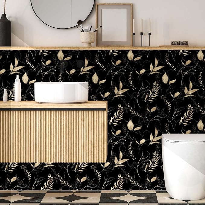 Dark Black and Gold Leaf Peel and Stick Wallpaper 17.7" x 354" | Self-adhesive removable waterproof leaf design for bedroom accent walls and renter friendly spaces - Image 9