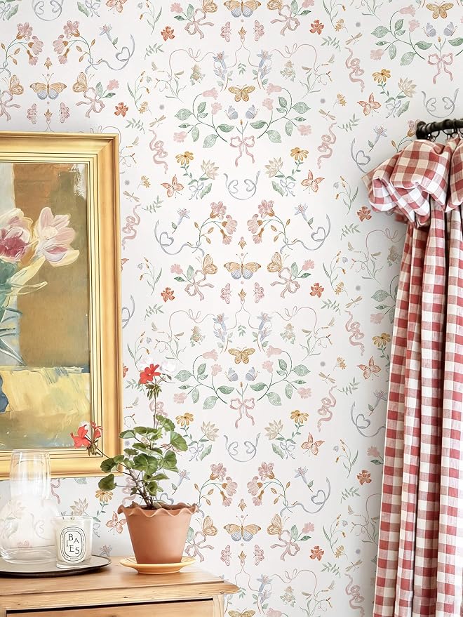 Peel and Stick Wallpaper for Nursery White Cute Bow Leaf Waterproof | 196"×17.3" Colorful Butterfly Wallpaper Cute Accent Wall Decor with Grid Lines for Bedroom Vinyl Self-adhesive - Image 7