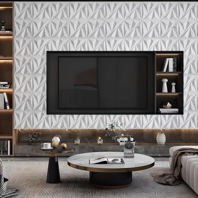 STICKGOO 3D Wall Panels Diamond, White Marble Mixed Gold Thread, 12''x12'' | Accent Wall Panels for Interior Wall Decor, Living Room, Bedroom, TV Background, Lobby, 33 Pack Cover 32.Sq.Ft - Image 9