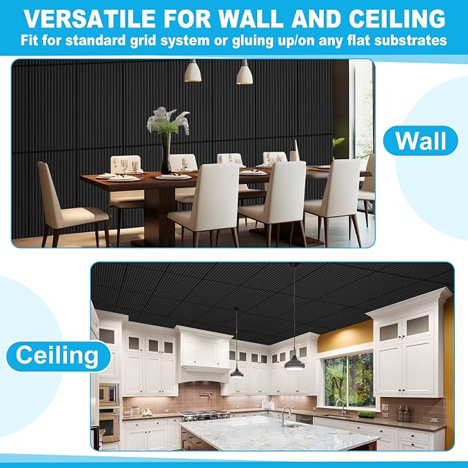 Nuanchu 18 Pack 4x2 FT 3D Slat Wall Panels Large PVC Fluted Panel Decorative Cuttable Glue up Drop Ceiling Tiles for Interior Wall Art Living Room Bedroom Bathroom TV Background Studio(Black) - Image 6