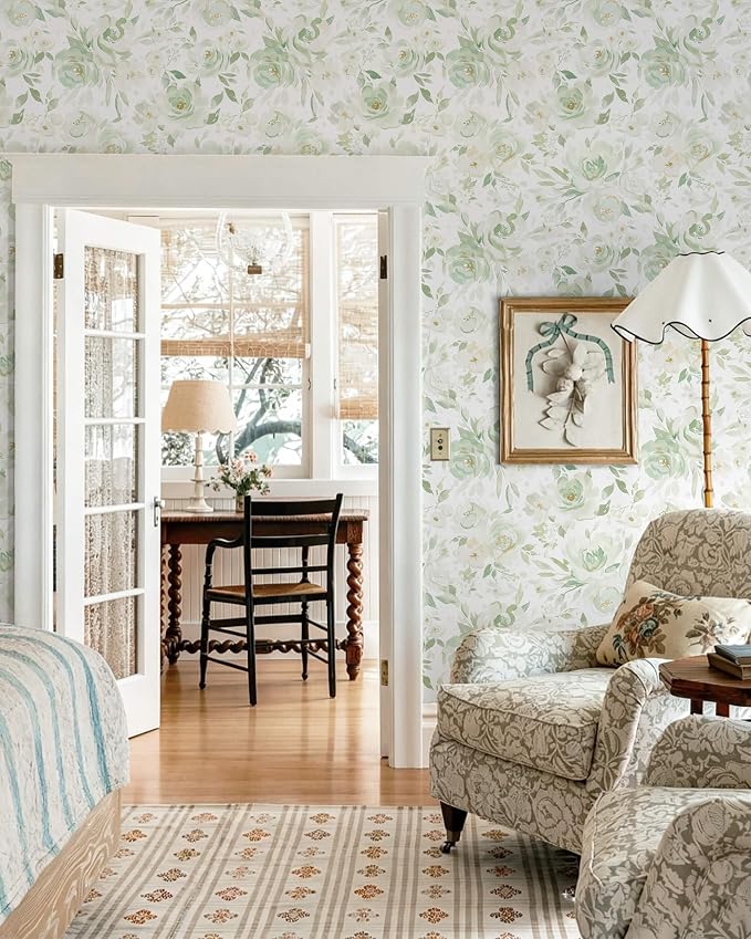 Heroad Green Peel and Stick Wallpaper Floral Contact Paper 17.3''x393'' Large Flower Wallpaper Watercolor Rose Removable Self-Adhesive Wall Paper for Cabinets Bedroom Bathroom Stick on Walls - Image 7
