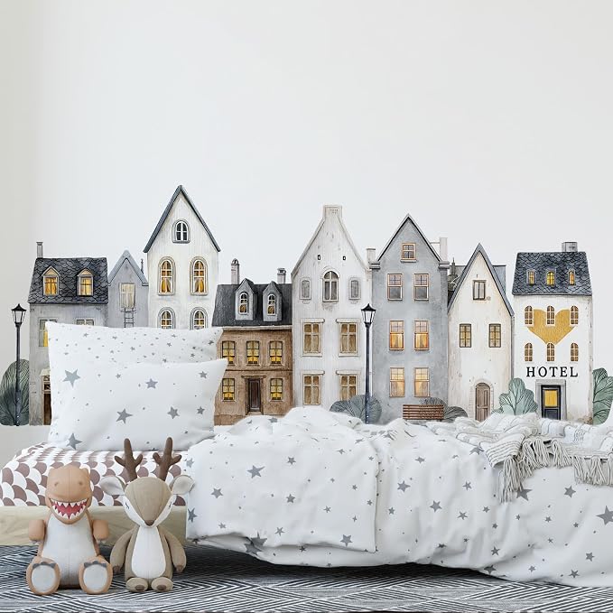 Watercolor Towns Village Wall Decal, Peel and Stick Nursery Mural Wall Stickers for Kids, Boys and Girls Room, Bedroom & Toddler Room Decor - Image 8