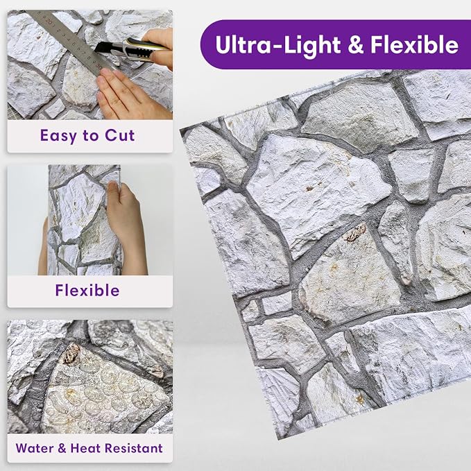 3D Peel and Stick Faux Stone Wall Panels 11.8" x 11.8" 10-Pack | Whitewash Grey, Stone-Look Textured Sticker, Thin Lightweight PVC Self Adhesive Wall Tile for Interior Decor, Cover 9.7 sq ft - Image 5