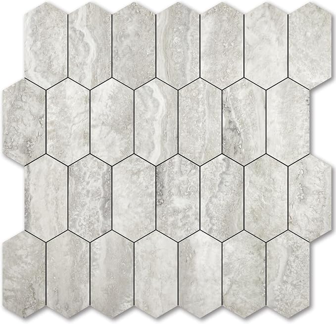 Vamos Tile Long Hexagon Peel and Stick Backsplash Tile - 10 Sheets Stick on Backsplash for Kitchen and Bathroom 12.4 x 12 Inch Beige Slate Look PVC Self Adhesive Mosaic Wall Tiles by VamosTile