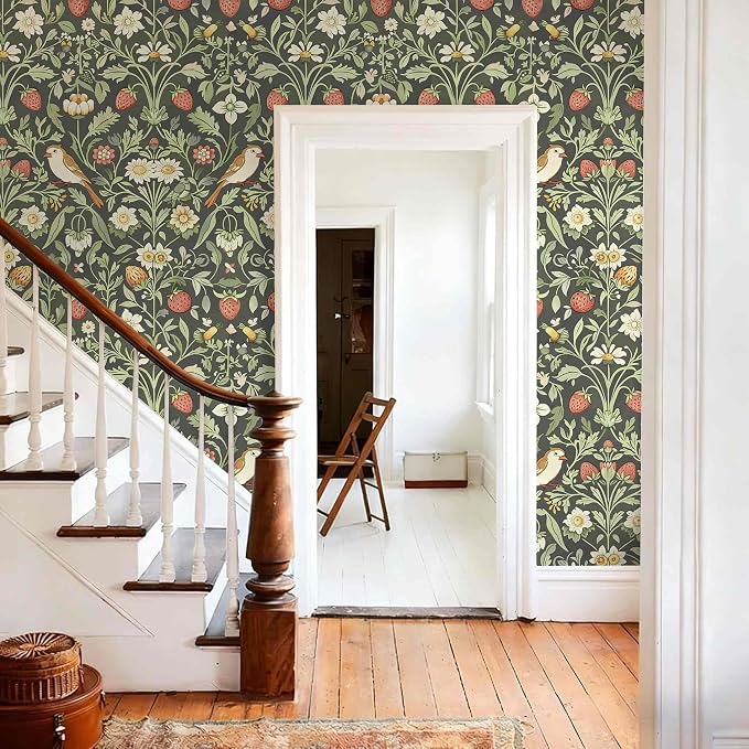Vintage Wallpaper William Morris Botanical Peel and Stick Wallpaper | Dark sage background with wildflower, bird & strawberry print, removable waterproof vinyl wall covering, bedroom accent decor - Image 8