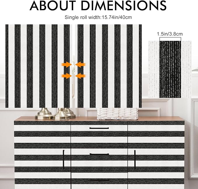 Black Stripe Peel and Stick Wallpaper A Set of 15.7" x 236" Black and White Self-Adhesive Wallpaper Removable Waterproof Contact Paper for Cabinets,Bedroom,Nursery,Accent Wall - Image 4