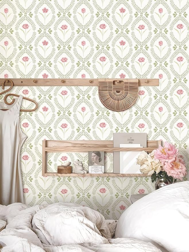 Orainege Peel and Stick Wallpaper Green Pink Floral Wallpaper | 16.9in x196.8in Leaf Contact Paper Vinyl Waterproof Self Adhesive Boho Botanical Wallpapers for Bedroom Living Room Decor - Image 7