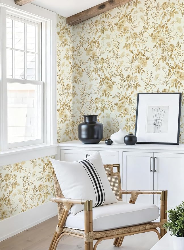Erfoni Boho Floral Peel and Stick Wallpaper Floral Leaf Contact Paper DIY | 16.9" x394" Yellow Brown Flower Self Adhesive Wallpaper Removable Decoration Wallpaper for Accent Walls Covering - Image 7