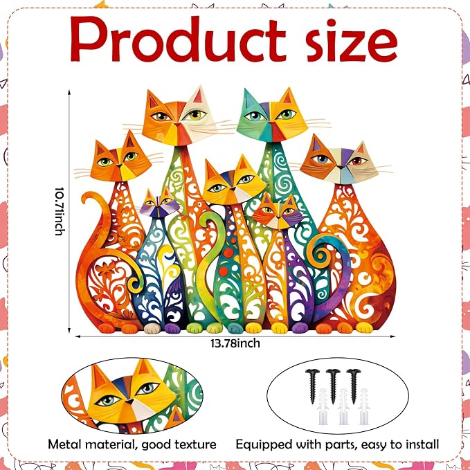 Wesiti Cat Wall Art Metal Sculpture 13.78x10.71 Colorful Mid Century | Iron Decor for Cat Lover, Retro Geometric Design, Home Living Room Bedroom Kitchen Office Sculpture, Ethereal Style - Image 2