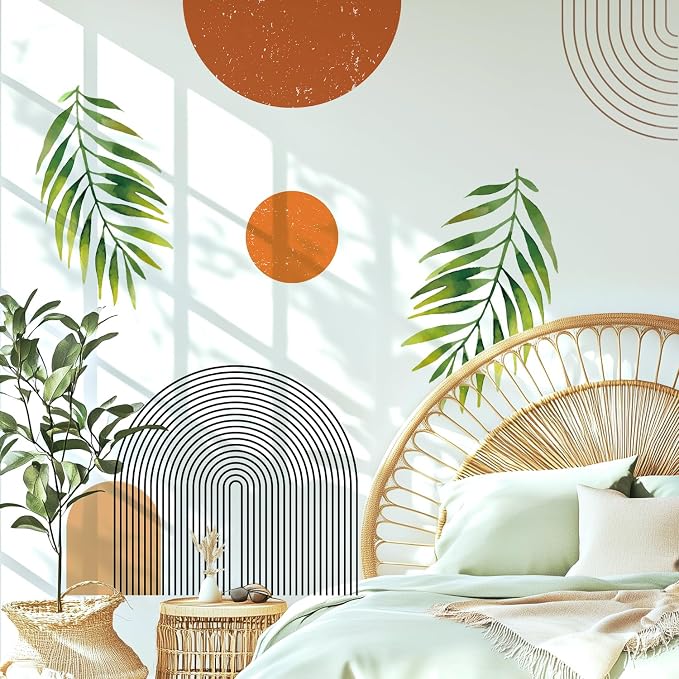 Boho Mid-Century Modern Wall Decals Peel and Stick, Large Archs Sun Vinyl Wall Stickers, Removable Leaves Plants Home Decor Art for Bedroom Living Room Classroom Office by VePret