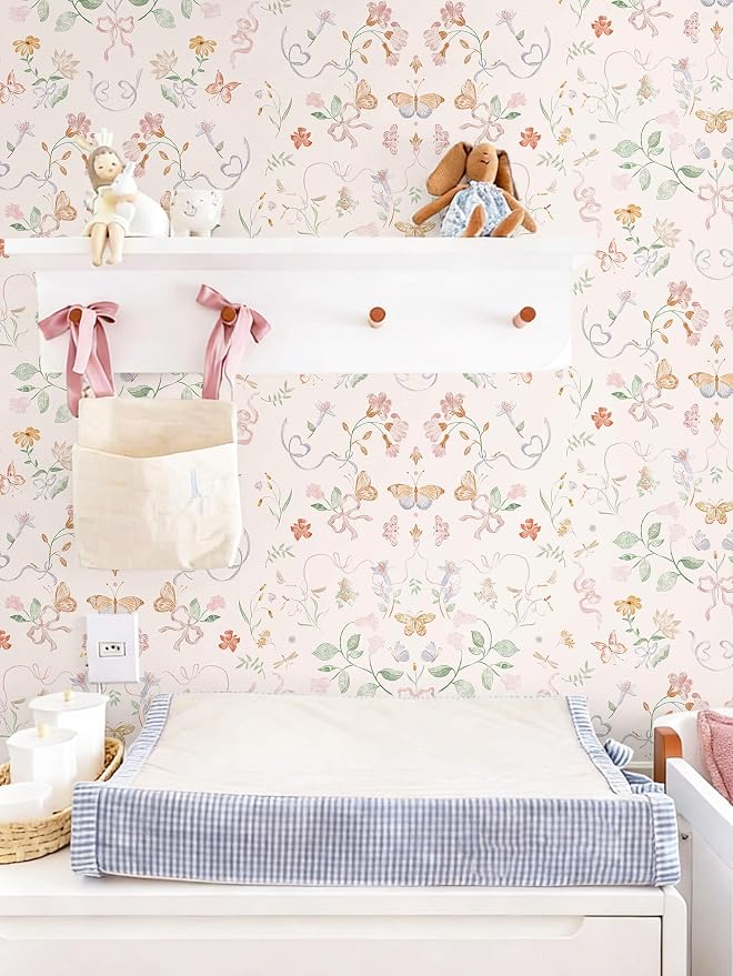Peel and Stick Wallpaper for Nursery Pink Cute Bow Leaf Waterproof | 78.7"×17.3" Colorful Butterfly Wallpaper Pink Cute Accent Wall Decor with Grid Lines for Bedroom Vinyl Self-adhesive - Image 6