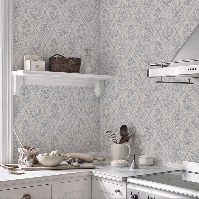 Toduso Peel and Stick Wallpaper Vintage Wall Paper Boho Contact Paper Blue Removable Wallpaper for Kitchen Bathroom Bedroom Floral Waterproof Self Adhesive Vinyl Drawer Decor 17.3"x78.7" - Image 2