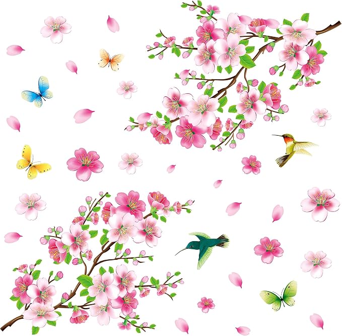LiveGallery Pink Cherry Blossom Flower Birds Vinyl Art Wall Decal Brown 3D Peel and Stick DIY Tree Branch Wall Stickers Decor for Girls Teens Baby Bedroom Nursery Living Room Home Decoration - Image 7