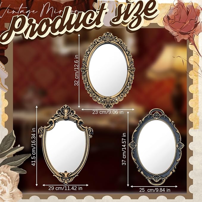 Beeveer 3 Style Vintage Mirrors Set Decorative Oval Wall Mirror Small Antique Mirrored Tray Decorative Hanging Mirror for Bathroom Bedroom Jewelry Organizer Victorian Decor (Shield,Antique Gold) - Image 2