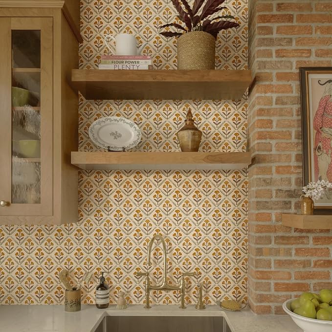 Dimoon 787.4"x17.3" Peel and Stick Wallpaper Floral Cute Contact Paper Vintage Village Country Cottage Wallpaper Farmhouse Yellow Beige Renter Friendly Geometry Waterproof Embossed Kitchen Bedroom - Image 6
