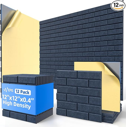 12 Pack Acoustic Panels with Self Adhesive Sound Proof Foam Panels for Wall | 12" X 12" X 0.4" High Density Soundproof Wall Panels, Brick Sound Absorbing Panels for Home Studio Office Decor - Blue by NEPIS