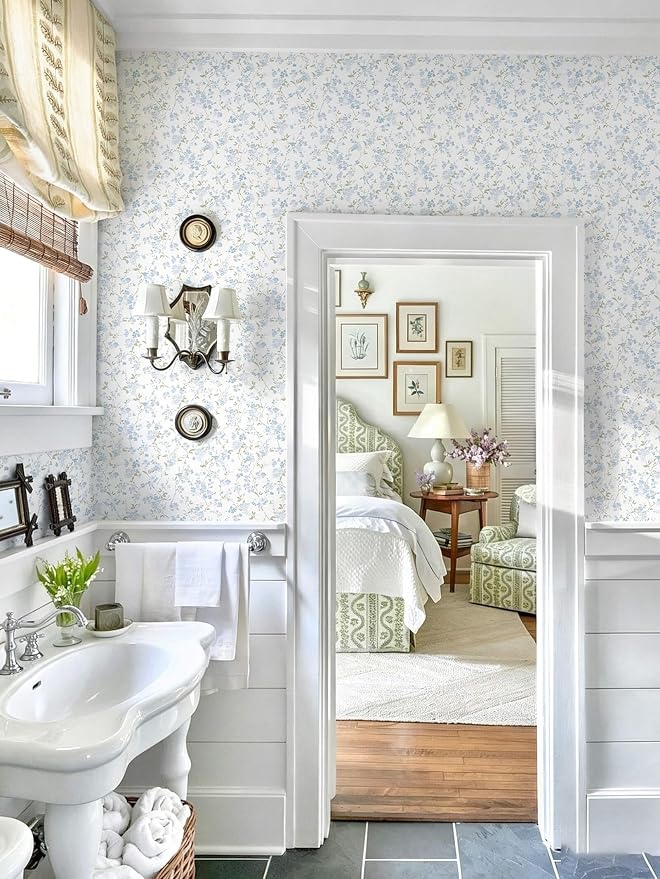 Peel and Stick Wallpaper for Nursery Blue Cherry Blossom Waterproof | 197"×17.3" Blue Floral Watercolor Wallpaper Gentle Accent Wall Decor with Grid Lines for Bedroom Vinyl Self-adhesive - Image 2