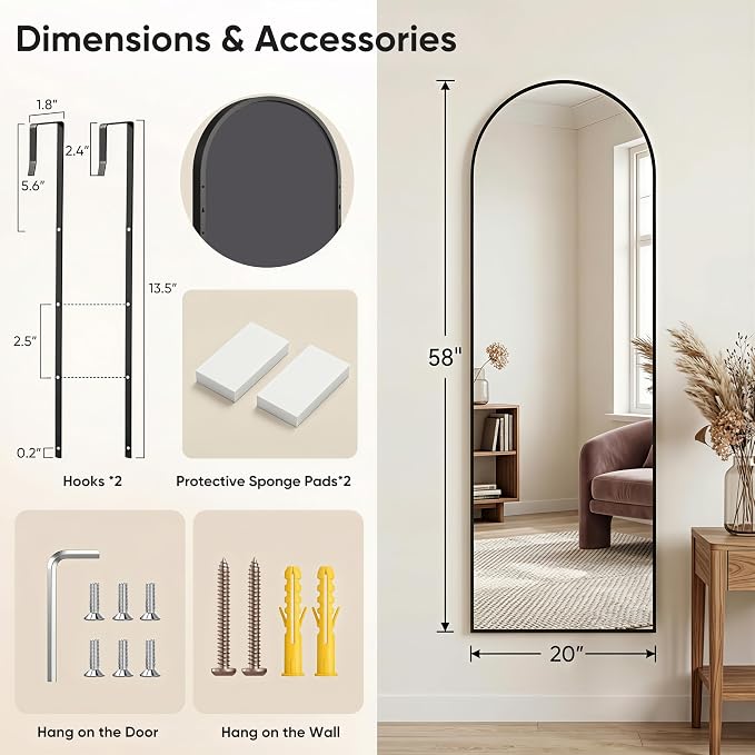 58"x20" Over The Door Mirror, Arched Full Length Mirror, Black - Image 2