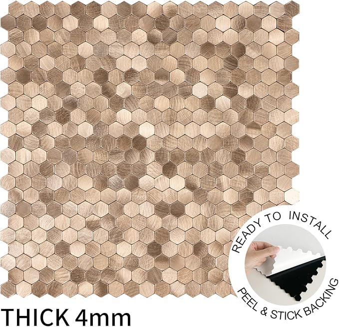 Select 5 Pack Hexagon Peel and Stick Backsplash Tiles, Brushed Gold | Self Adhesive Metal Backsplash Stick On Aluminum Tiles for Kitchen Bathroom, 12” x 12” Wall Tiles w/10 Edge Pieces - Image 4