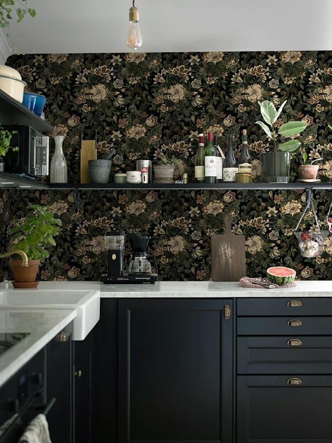 Dimoon 17.3"x78.7" Dark Wallpaper Peel and Stick Moody Vintage Victorian Floral Contact Paper Green Gothic Wallpaper for Bedroom Flower Leaf Yellow Renter Friendly Wall Paper Removable Vinyl Roll - Image 8