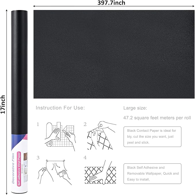 Arthome Black Peel & Stick Wallpaper, Matte Black Contact Paper, Self-Adhesive & Removable, Waterproof for Cabinets & Countertops - Image 3