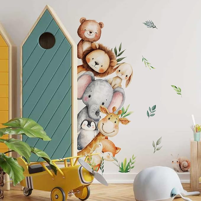 Woodland Animal Peeking Wall Decals, Removable Nursery Jungle Animals Elephant, Lion, Bear Wall Stickers for Kids, Boys and Girls Room, Bedroom & Toddler Room Door Decor (Animal Door Decals 86) by Unknown