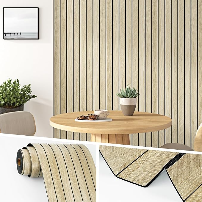Wallercity Light Brown Peel and Stick Wood Panels for Walls Acoustic Panel | Wood 3D Textured Fluted Wall Slats Panels Self Adhesive Natural Oak Wooden Slat Wallpaper for Bedroom Living Room 23.6"x118" by Wallercity