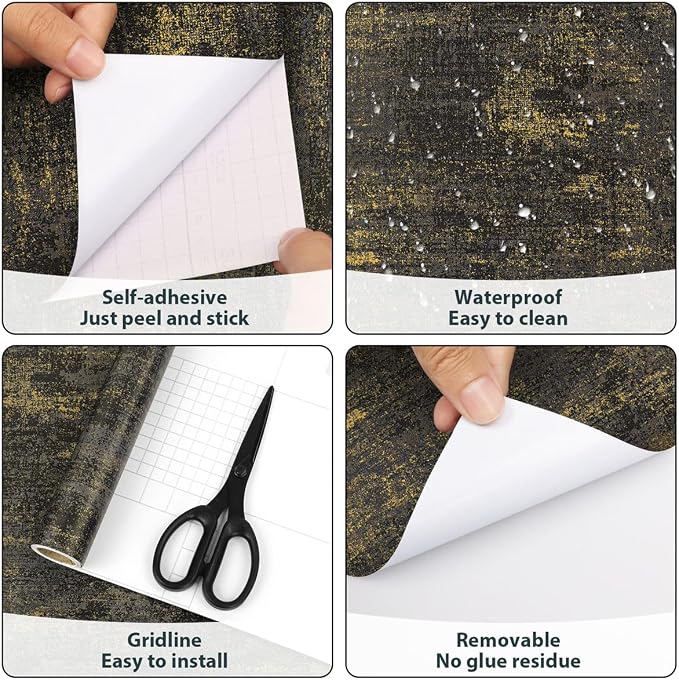 Arthome Black Gold Peel and Stick Wallpaper 17" x 120" | Covers 14.1 sq ft.Removable Contact Paper,Ideal for Nightstands,Cabinet Doors or Small Bedroom Accent Walls - Image 7
