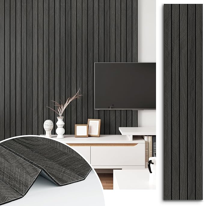 Wood Slat Wall Paneling Self Adhesive Wood Panels for Wall Decor | Soundproof Peel and Stick Wooden Grain Panel Wallpaper for Living Room Bedroom Dinner Office 11.8" x 118" Grey/Black by STICKEEP