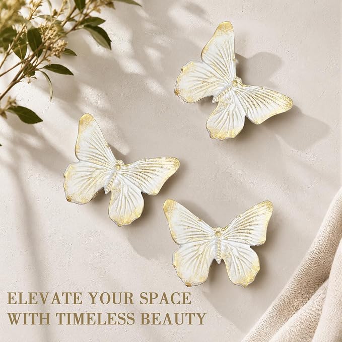 GUSFREUD 3D Butterfly Wall Decor Set – Resin Wall Decor for Living Room, Bedroom, Bathroom, Dining Room, Outdoor and Gallery Walls - Ivory Gold - Set of 3 - Image 6