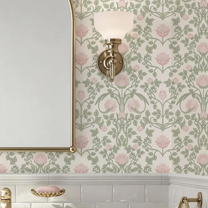 YXTII 590.5" × 17.3" Floral Wallpaper Peel and Stick Pink and Green Wallpaper Vintage Damask Wall Paper for Bedroom Bathroom Decorative Self Adhesive Contact Paper - Image 2