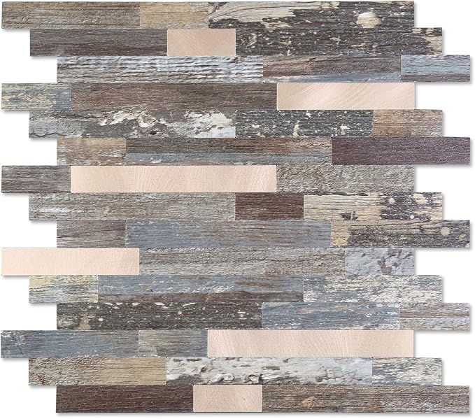 Yipscazo 10 Sheets Peel and Stick Wood Metal Tile Backsplash, Stick on Tiles for Backsplash Kitchen, Bathroom, Laundry Room, Camper, Fireplace (12'' X 12'', Mix Rustic with Gold) by Yipscazo