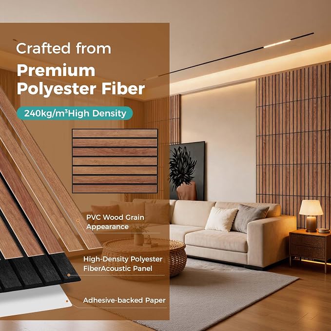 TO-TH Acoustic Panels Self-Adhesive Sound Proof Wall Panel 12 Pack, Cherry | PVC Wood Grain Finish, Peel and Stick Wall Panels, 100% Polyester Fiber, 11.8"x15.7"x0.35", Sound Absorbing for Office&Studio - Image 2