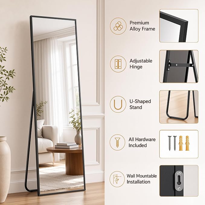 Antok Full Length Mirror, 71"x28" Floor Mirror with Stand, Black, Rect - Image 3