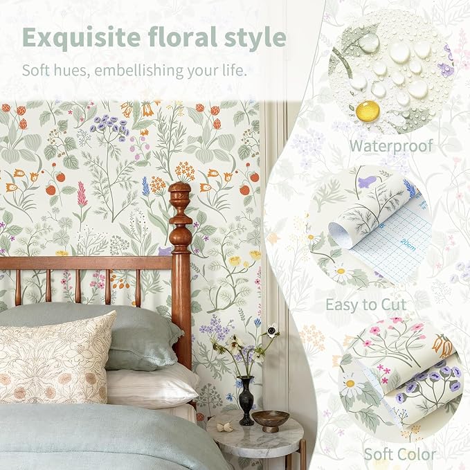 Dimoon Floral Wallpaper Peel and Stick Floral Leaves Contact Paper Beige Green Renter Friendly Wallpaper Removable Textured Farmhouse Cottage Wall Paper for Bathroom Bedroom Vinyl Roll 17.3" X 78.7" - Image 3