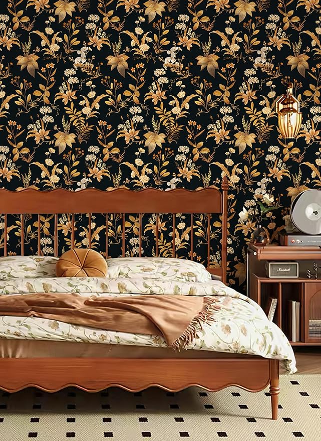 Simon&Siff Vintage Floral Peel and Stick Wallpaper 17.3" x 120" | Black Gold Botanical Contact Paper, Removable Wall Paper, Renter Friendly, for Cabinets, Furniture, DIY Decor - Image 2