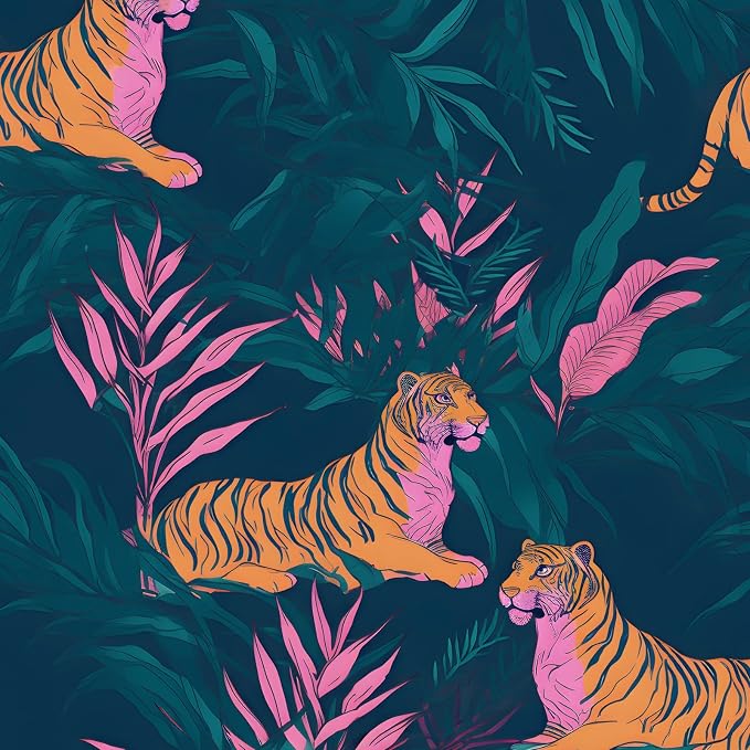BOKEBEVE Tropical Tiger Wallpaper Peel and Stick Green Pink 17.5 x 393.5In | Extra Long Removable Renter Friendly Jungle Tiger Wall Paper for Bedroom Bathroom Living Room Feature Accent Wall by BOKEBEVE